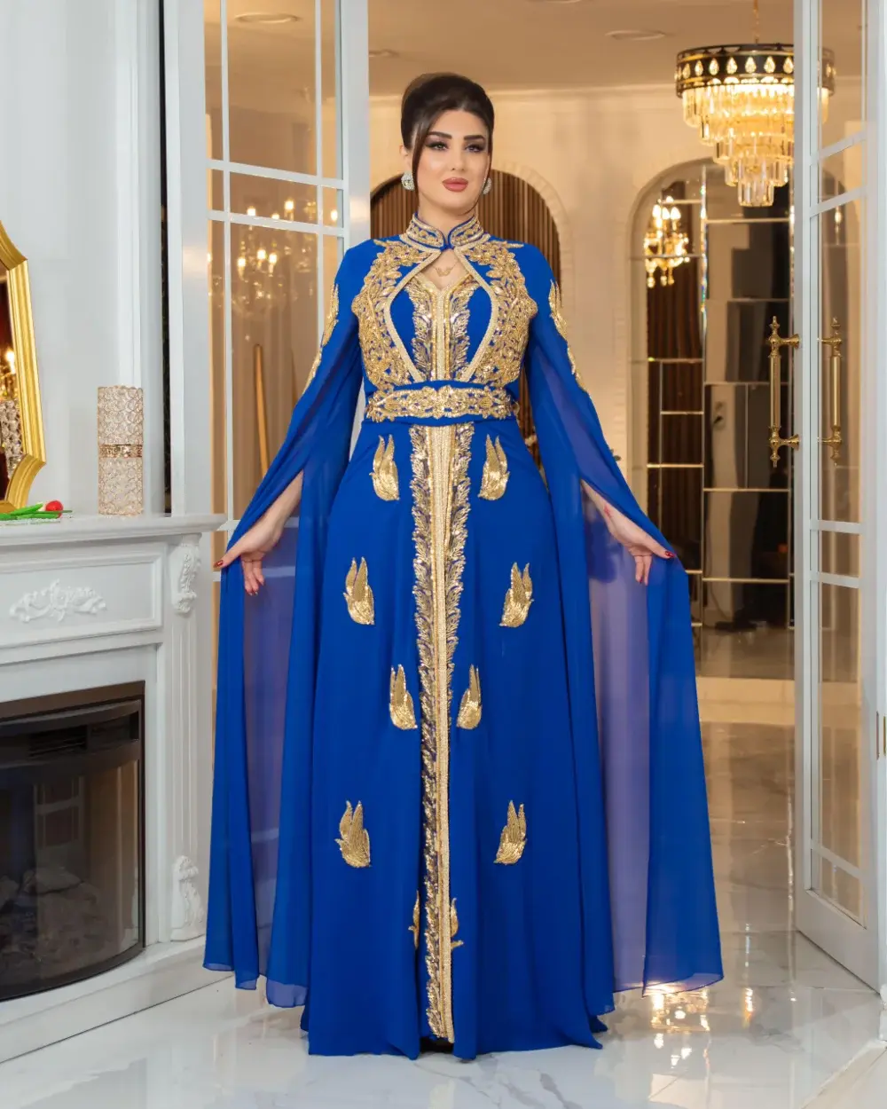 Blue Kaftan Evening Gown with Gold Embroidery and Cape Sleeves – Seyran