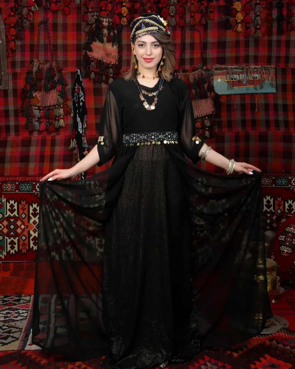 Black Kurdish Dress with Chiffon Kaftan and Gold Stripes – Kiras u Fistan – Hevidar