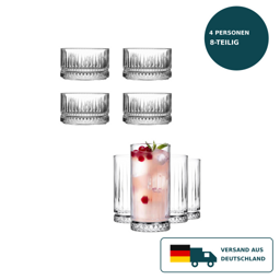 HELDENA Longdrinkgläser & Glasschalen 8-tlg. – 4×365 ml + 4×235 ml, Facettendesign – Standard 1