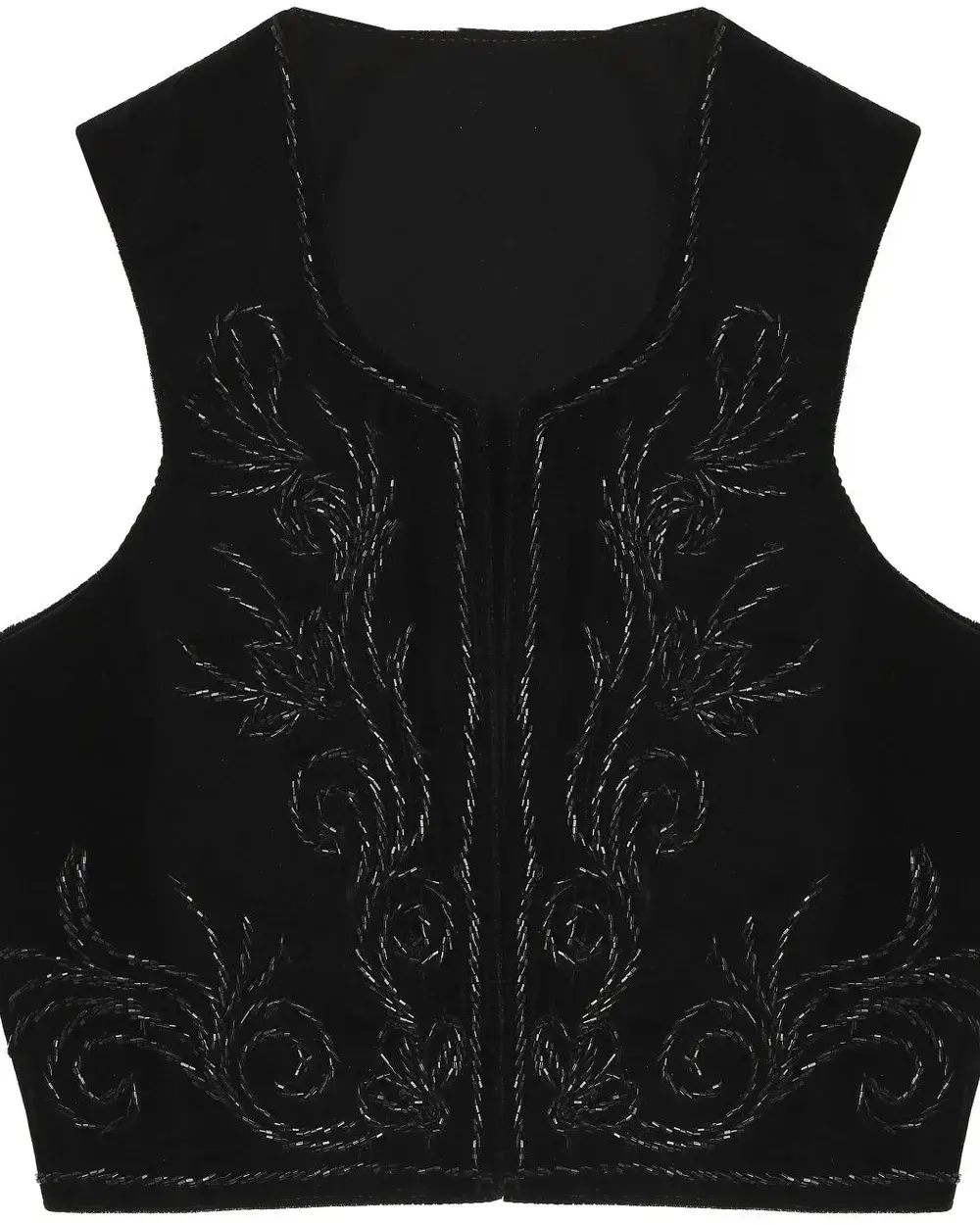Black Vest with Vine-Pattern Bead Embroidery and U-Neck – Êlek – Vest 33