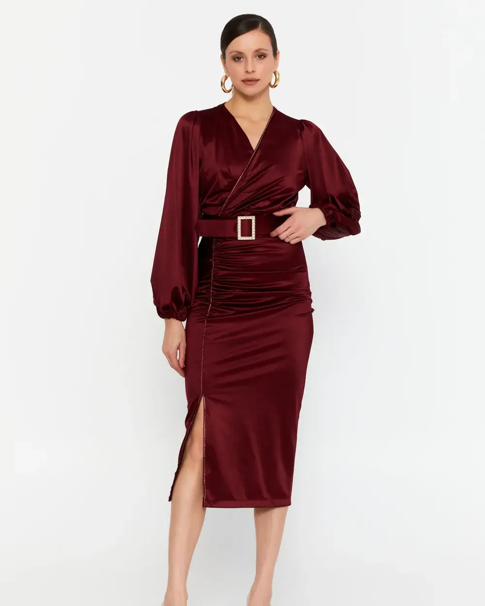 Wine Red Wrap Dress with Belt, Long Sleeves, and Slit – Çira
