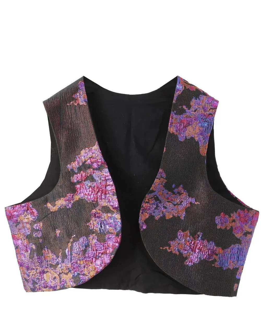 Brokat-Weste mit violetten Blumen auf Schwarz-Metallic – Êlek Damen – Weste 7