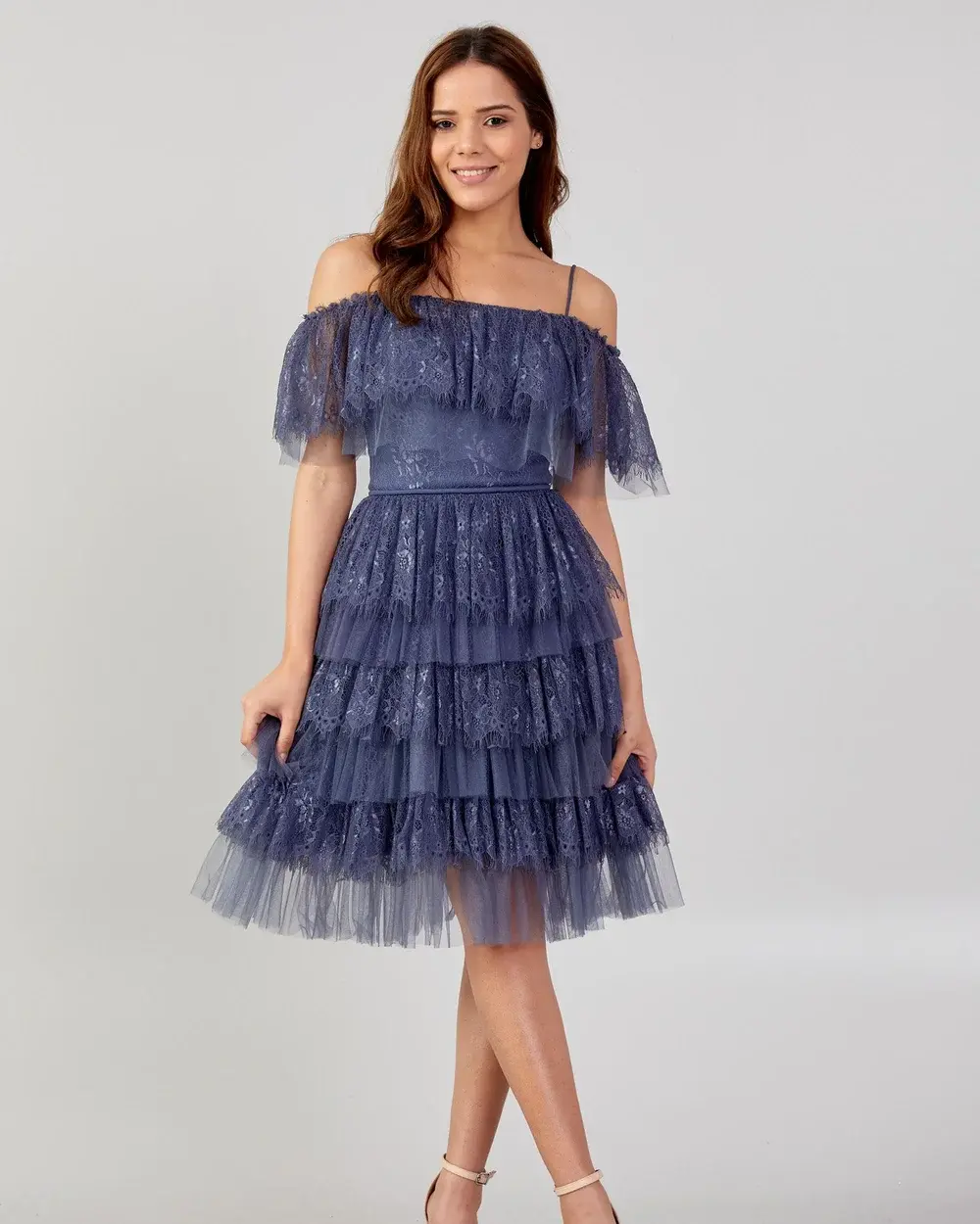 Midnight Blue Lace Dress with Ruffles and Spaghetti Straps, Knee-Length – Leylo