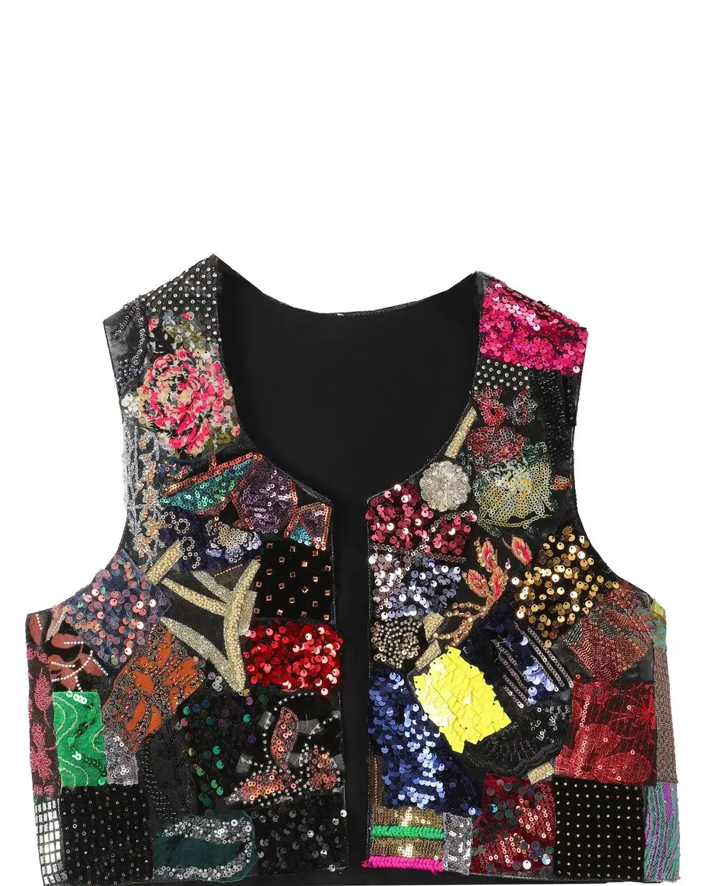 Patchwork Vest with Sequins, Floral and Paisley Embroidery – Unique Piece – Êlek – Vest 13