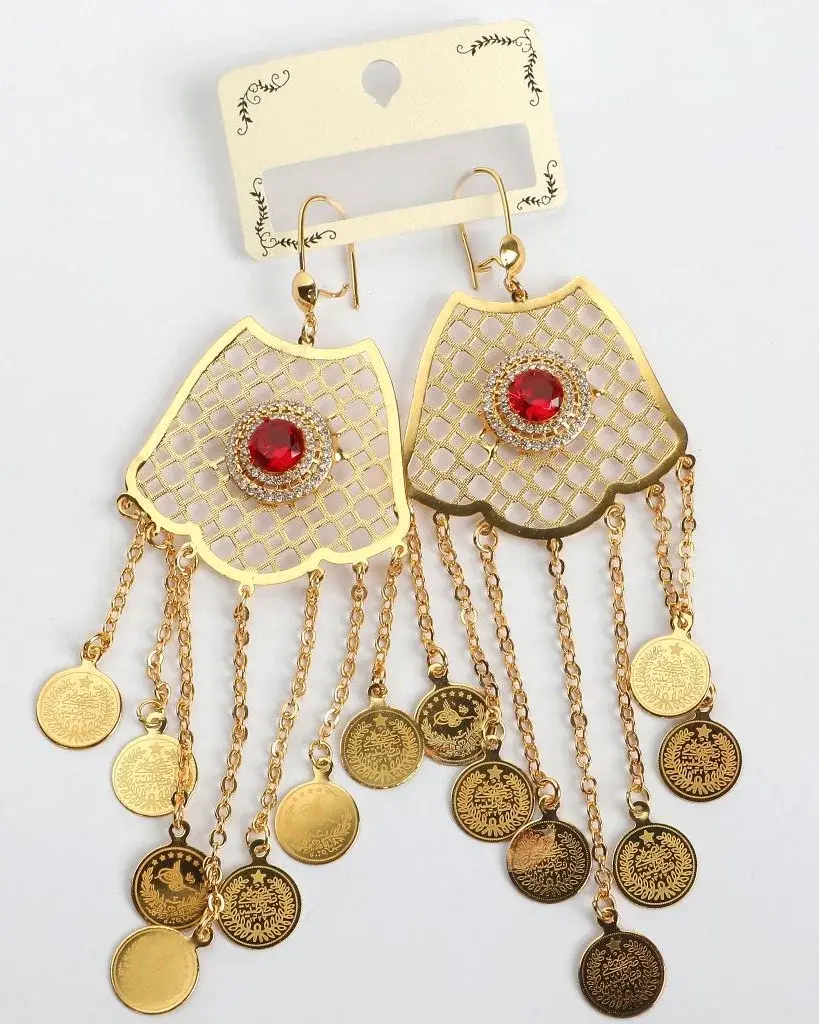 Gold-Tone Fan Earrings with Red Stone and Dangle Coins – Guhar 04012