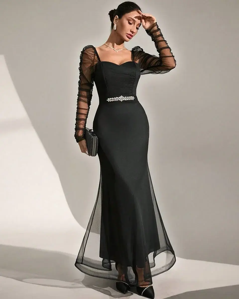 Black Evening Dress with Sweetheart Neckline, Sheer Sleeves, and Tulle Skirt – Gerdengaz