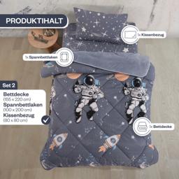 HELDENA Astronaut Kinder-Schlafset 3-teilig – 135 × 200 cm Steppdecke, Spannbettlaken & Kissenbezug 3