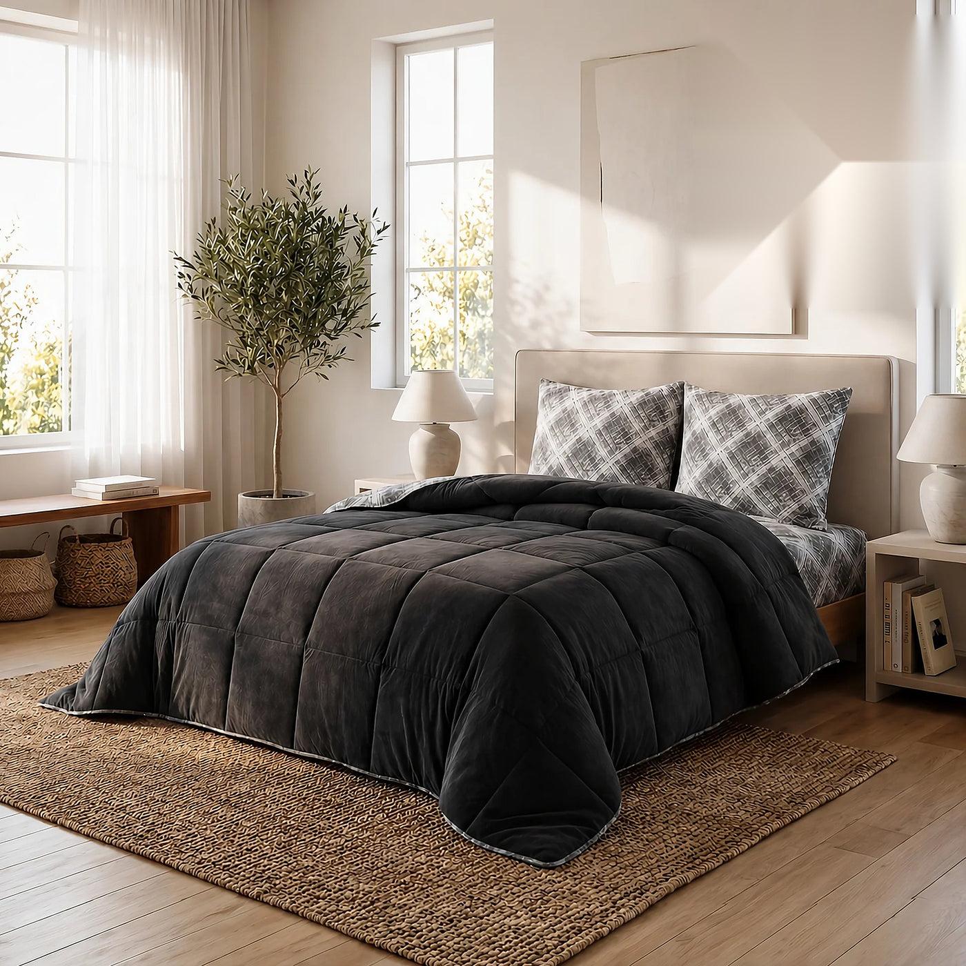 HELDENA Wellsoft Bettdecken-Set 200 × 200 cm Schwarz – Steppdecke & 2 Kissenbezüge
