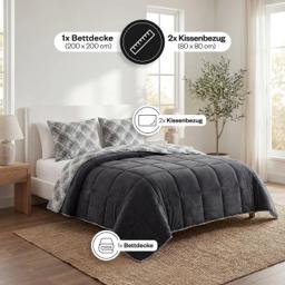 HELDENA Wellsoft Bettdecken-Set 200 × 200 cm Schwarz – Steppdecke & 2 Kissenbezüge 3