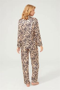 Cottonhill Satin-Pyjama Damen lang mit Knopfleiste – Leopard 2
