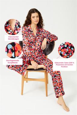 Cottonhill Satin-Pyjama Damen lang mit Knopfleiste – bunt gepunktet 4