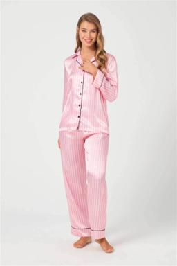 Cottonhill Satin-Pyjama Damen lang mit Knopfleiste – rosa-weiß gestreift 1