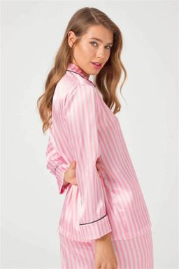 Cottonhill Satin-Pyjama Damen lang mit Knopfleiste – rosa-weiß gestreift 4