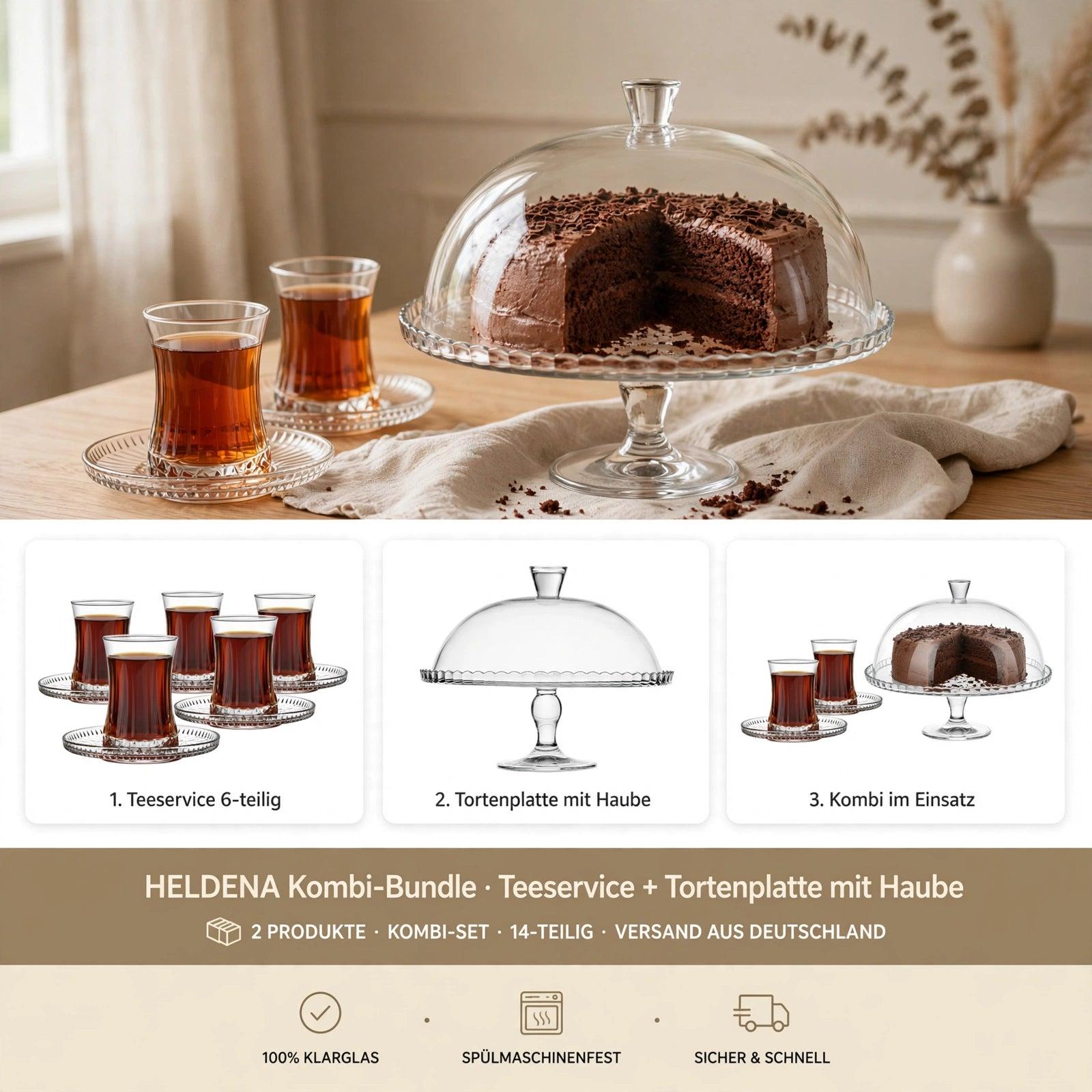 HELDENA Teeservice mit Tortenplatte 13-tlg. – 6 Teegläser 170 ml + Servierplatte Ø 32,2 cm