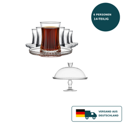 HELDENA Teeservice mit Tortenplatte 13-tlg. – 6 Teegläser 170 ml + Servierplatte Ø 32,2 cm 6