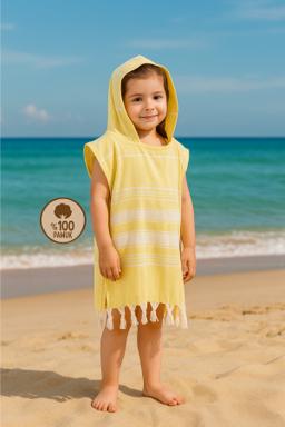 HELDENA Kinder Poncho Bademantel – Baumwolle Peshtemal, Gelb, Blau & Grau, 5–10 Jahre 1