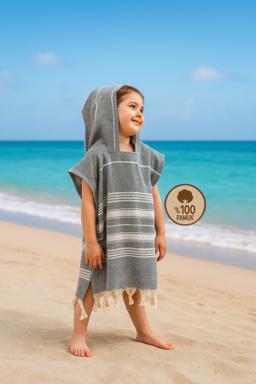 HELDENA Kinder Poncho Bademantel – Baumwolle Peshtemal, Gelb, Blau & Grau, 5–10 Jahre 3