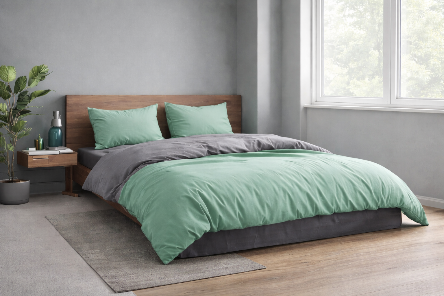HELDENA Reversible Bedding Set 200 × 220 cm – Green/Grey & Pink/Grey, 4-Piece with Fitted Sheet