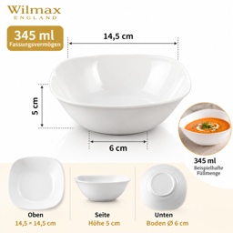 Wilmax Schale eckig 14,5 × 14,5 cm 345 ml – 6er-Set, Weiß Porzellan 4