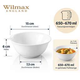 Wilmax Schale Ø 15 cm 700 ml – 6er-Set, Weiß Porzellan 4