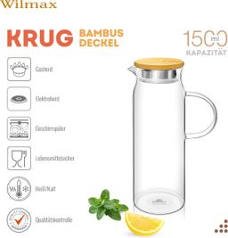 Wilmax Glaskrug 1500 ml mit Bambusdeckel – Thermoglas 4