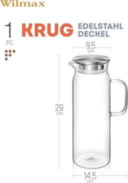 Wilmax Glaskrug 1500 ml mit Edelstahldeckel & Filter – Thermoglas 4