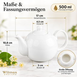 Wilmax Kaffee- & Teekanne 500 ml mit Ausgusssieb – Weiß Porzellan (Modell 994018) 3
