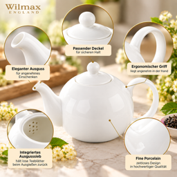 Wilmax Kaffee- & Teekanne 500 ml mit Ausgusssieb – Weiß Porzellan (Modell 994018) 4
