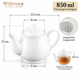 Wilmax Kaffee- & Teekanne 850 ml mit Ausgusssieb – Weiß Porzellan 3