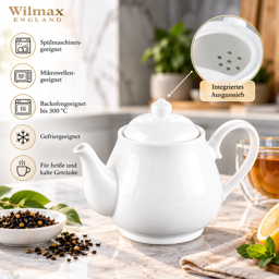 Wilmax Kaffee- & Teekanne 850 ml mit Ausgusssieb – Weiß Porzellan 4