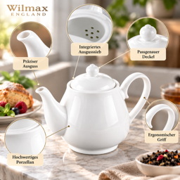 Wilmax Kaffee- & Teekanne 850 ml mit Ausgusssieb – Weiß Porzellan 5