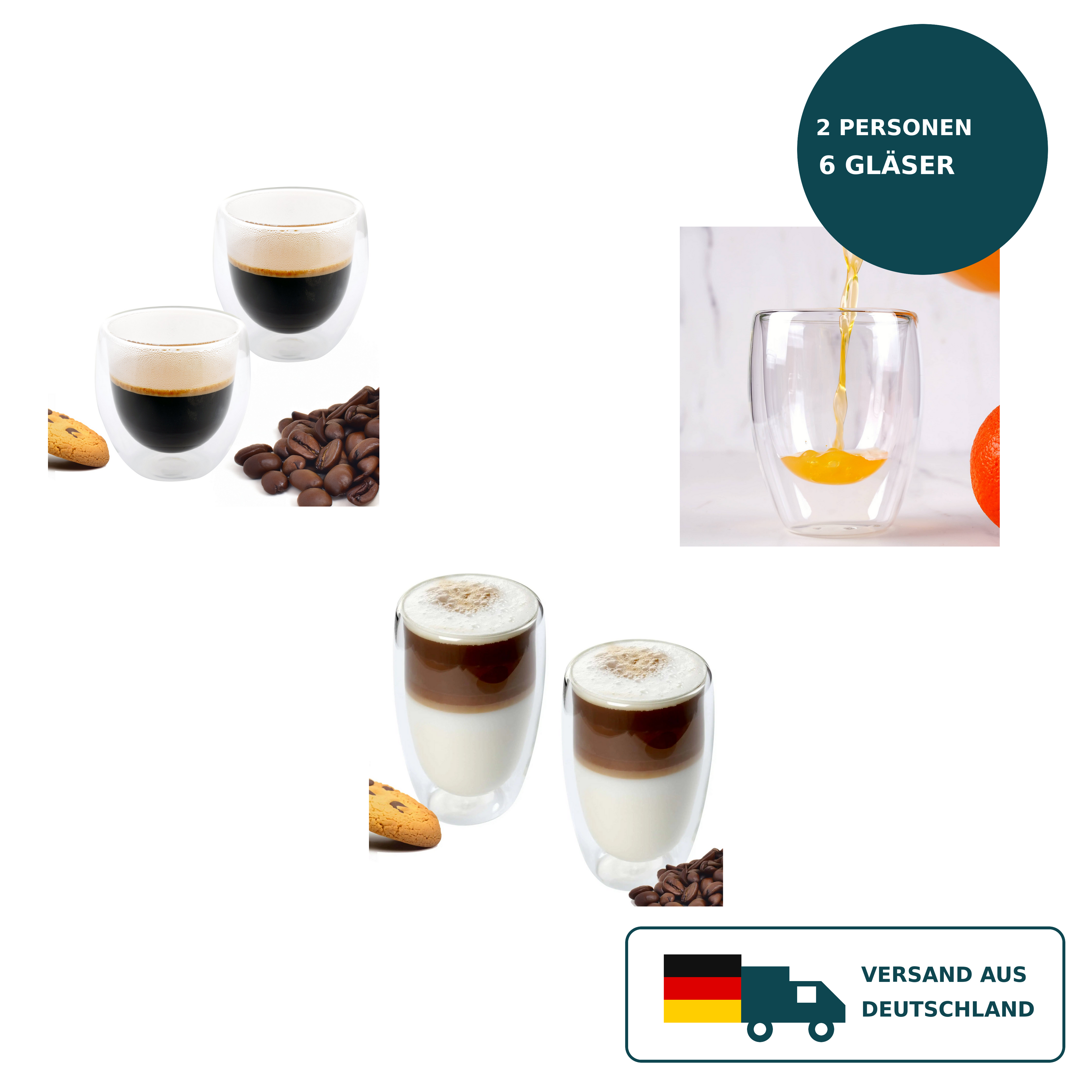 HELDENA Double-Walled Glasses 6-Piece Set – 2×250 ml + 2×350 ml + 2×450 ml